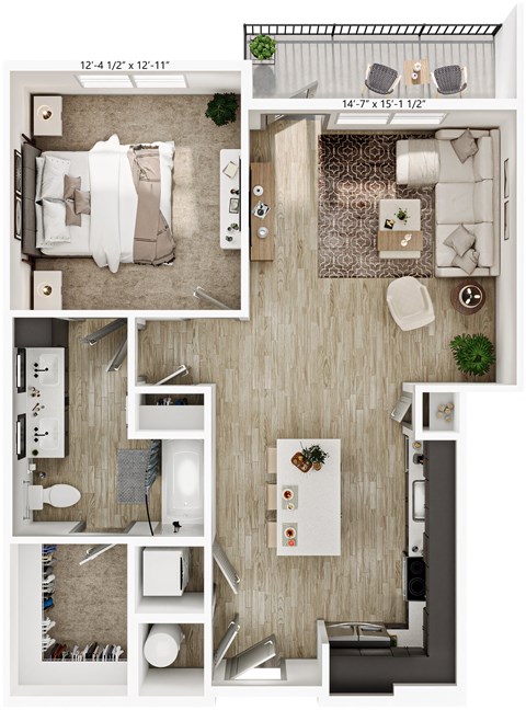 Floor plan for 1 bed, 1 bath, 820 sqft